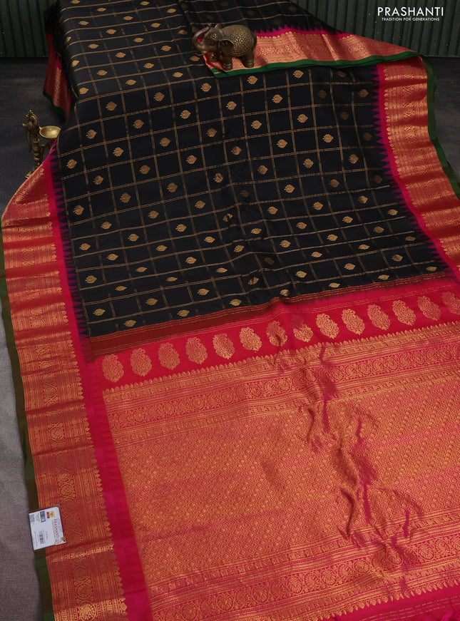 Pure gadwal silk saree black and pink with allover zari checks & buttas and temple design zari woven korvai border