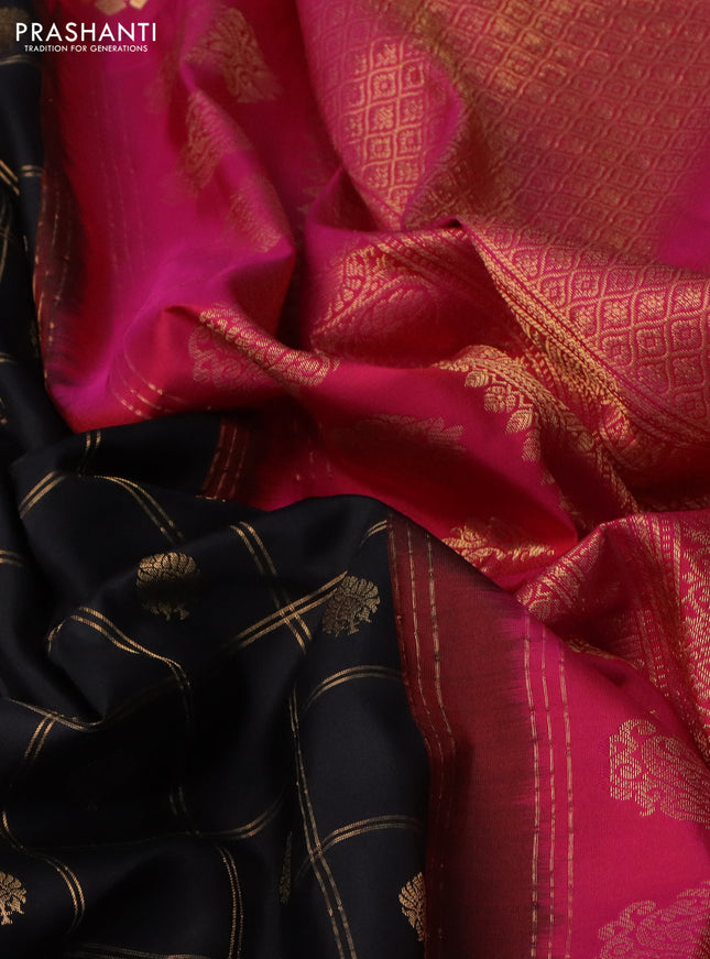 Pure gadwal silk saree black and pink with allover zari checks & buttas and temple design zari woven korvai border