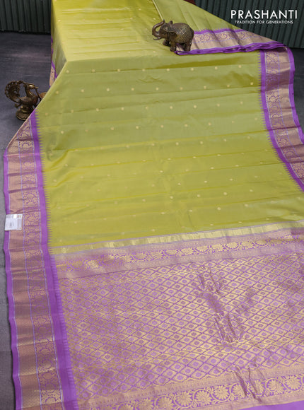 Pure gadwal silk saree lime green and lavender with zari woven buttas and temple design zari woven border
