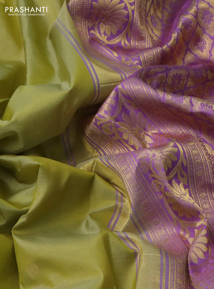 Pure gadwal silk saree lime green and lavender with zari woven buttas and temple design zari woven border