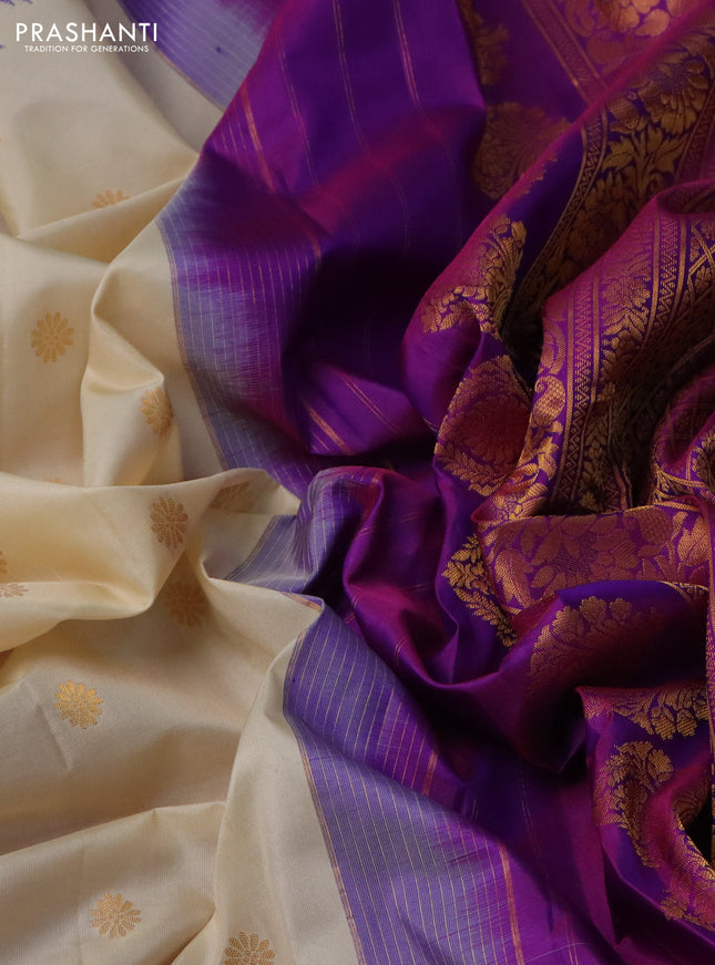 Pure gadwal silk saree cream and purple with floral zari woven buttas and long temple design zari woven floral border