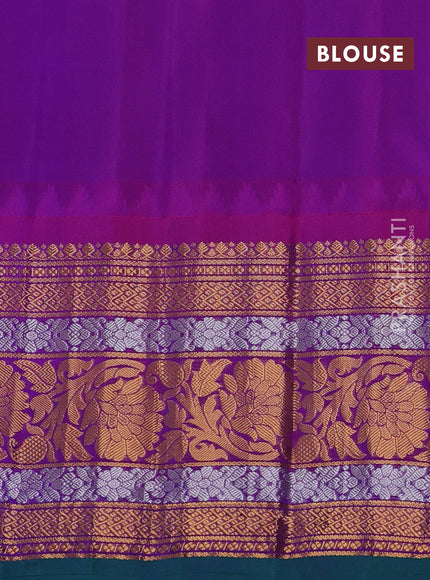 Pure gadwal silk saree cream and purple with floral zari woven buttas and long temple design zari woven floral border