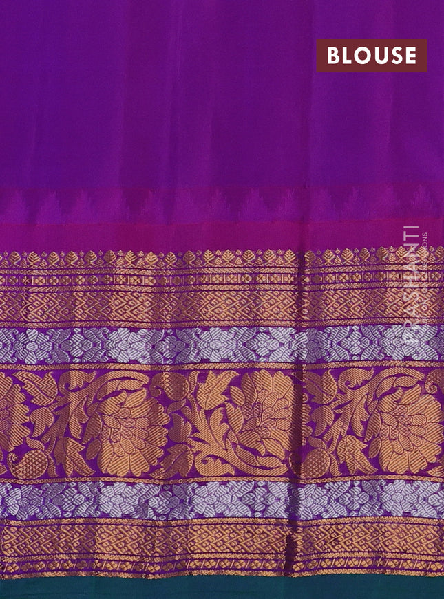Pure gadwal silk saree cream and purple with floral zari woven buttas and long temple design zari woven floral border