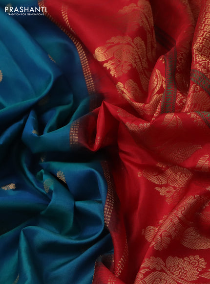 Pure gadwal silk saree dual shade of teal bluish green and red with floral zari woven buttas and temple design zari woven border