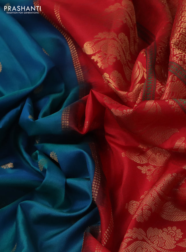Pure gadwal silk saree dual shade of teal bluish green and red with floral zari woven buttas and temple design zari woven border