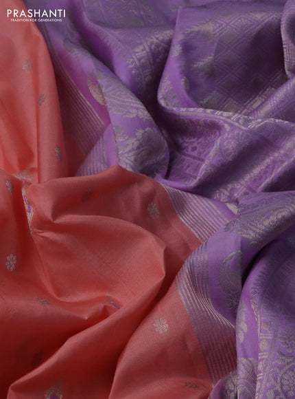 Pure gadwal silk saree peach shade and lavender with silver zari woven buttas and long temple design paisley silver zari woven border