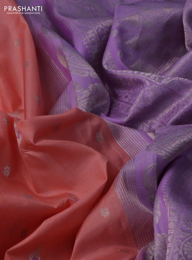 Pure gadwal silk saree peach shade and lavender with silver zari woven buttas and long temple design paisley silver zari woven border