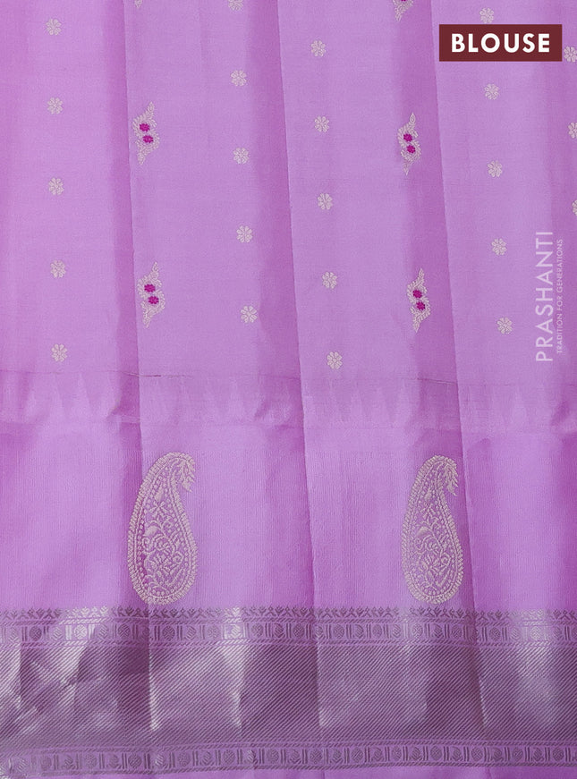 Pure gadwal silk saree peach shade and lavender with silver zari woven buttas and long temple design paisley silver zari woven border