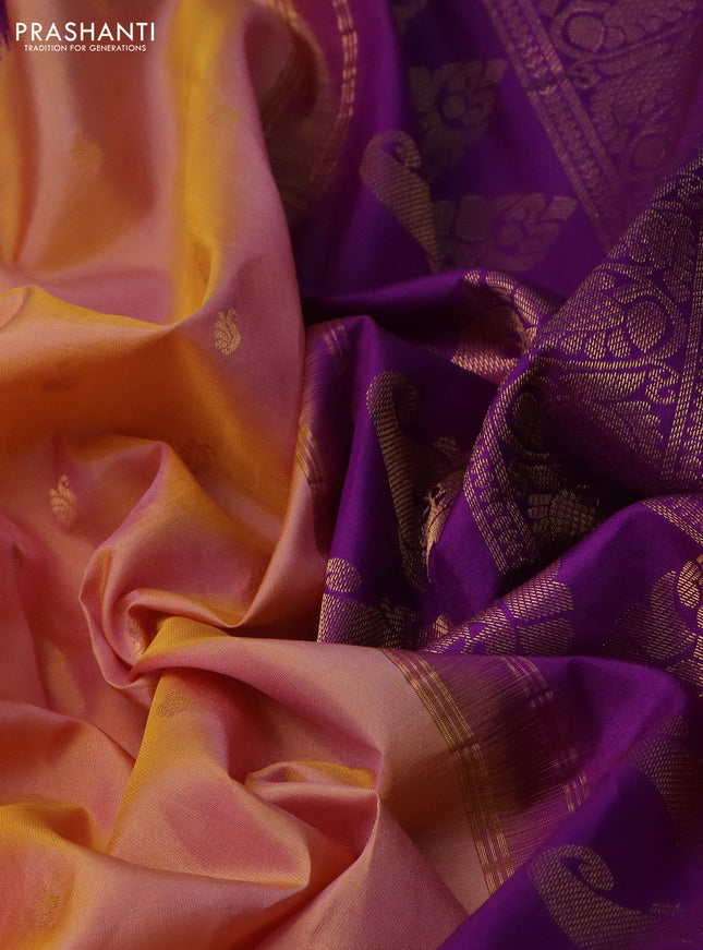 Pure gadwal silk saree dual shade of yellowish peach and purple with zari woven buttas and temple design zari woven border