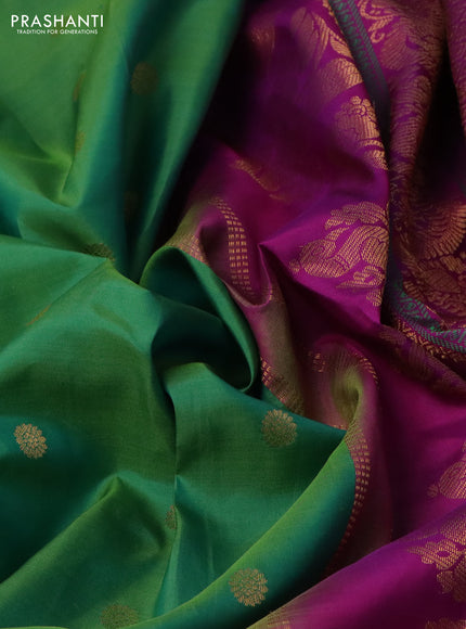 Pure gadwal silk saree green and purple with allover zari woven buttas and temple design zari woven border