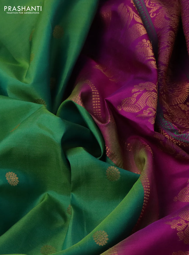 Pure gadwal silk saree green and purple with allover zari woven buttas and temple design zari woven border