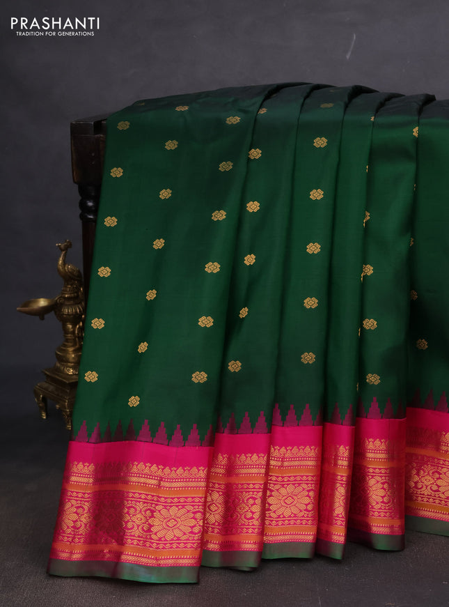 Pure gadwal silk saree green and pink with floral zari woven buttas and temple design zari woven border