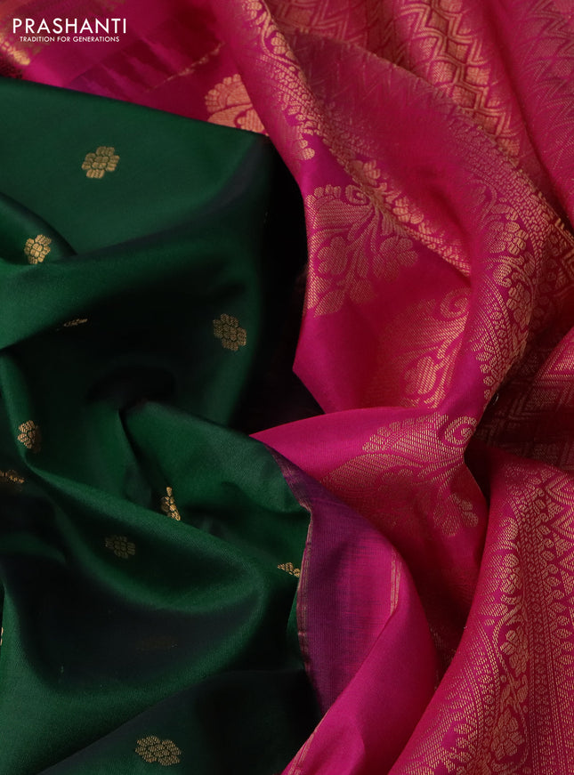 Pure gadwal silk saree green and pink with floral zari woven buttas and temple design zari woven border