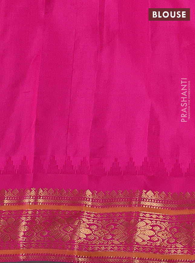 Pure gadwal silk saree green and pink with floral zari woven buttas and temple design zari woven border