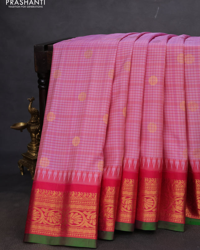 Pure gadwal silk saree dual shade of mild lavender and pink with allover checks & zari buttas and temple design zari woven korvai border