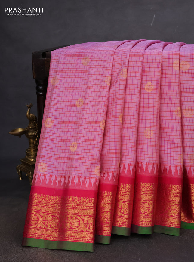 Pure gadwal silk saree dual shade of mild lavender and pink with allover checks & zari buttas and temple design zari woven korvai border