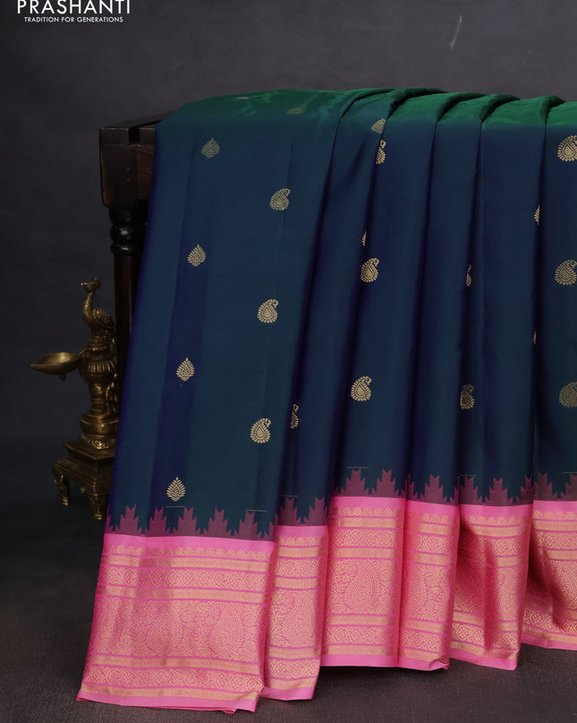 Pure gadwal silk saree dual shade of bluish green and light pink with paisley zari woven buttas and temple design zari woven border