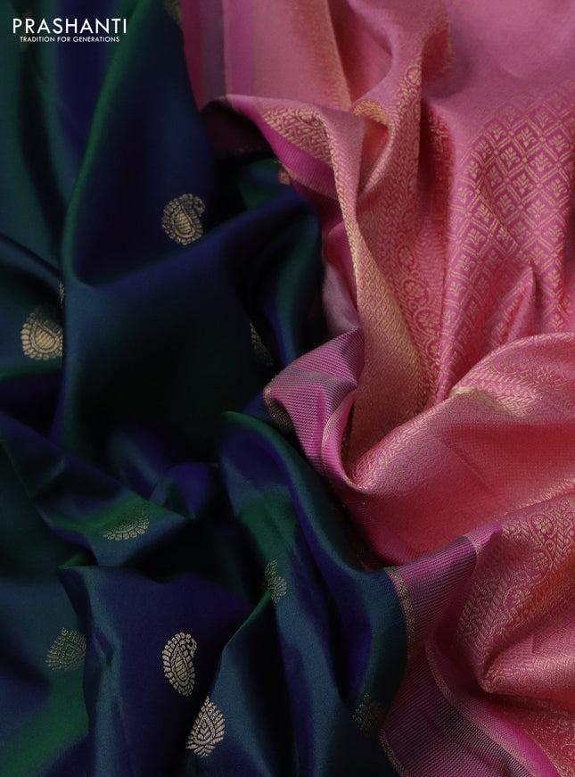 Pure gadwal silk saree dual shade of bluish green and light pink with paisley zari woven buttas and temple design zari woven border