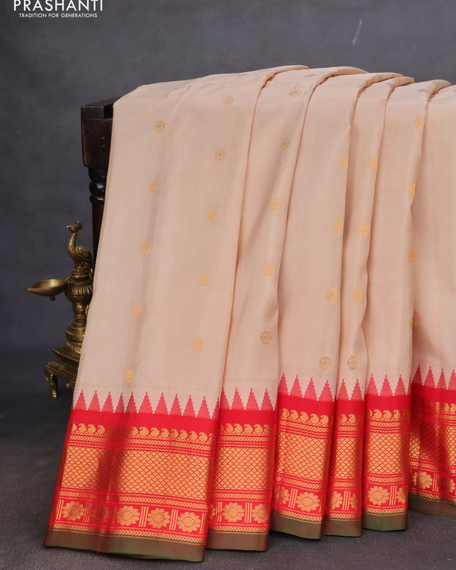 Pure gadwal silk saree cream and red with zari woven buttas and temple design zari woven border