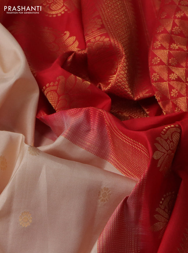 Pure gadwal silk saree cream and red with zari woven buttas and temple design zari woven border
