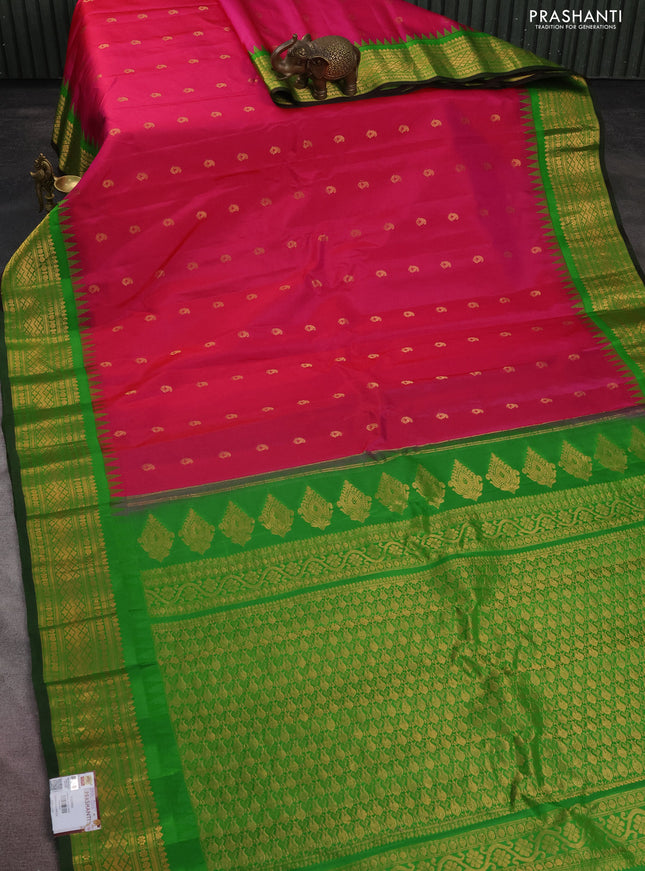 Pure gadwal silk saree pink and green with paisley zari woven buttas and temple design zari woven border