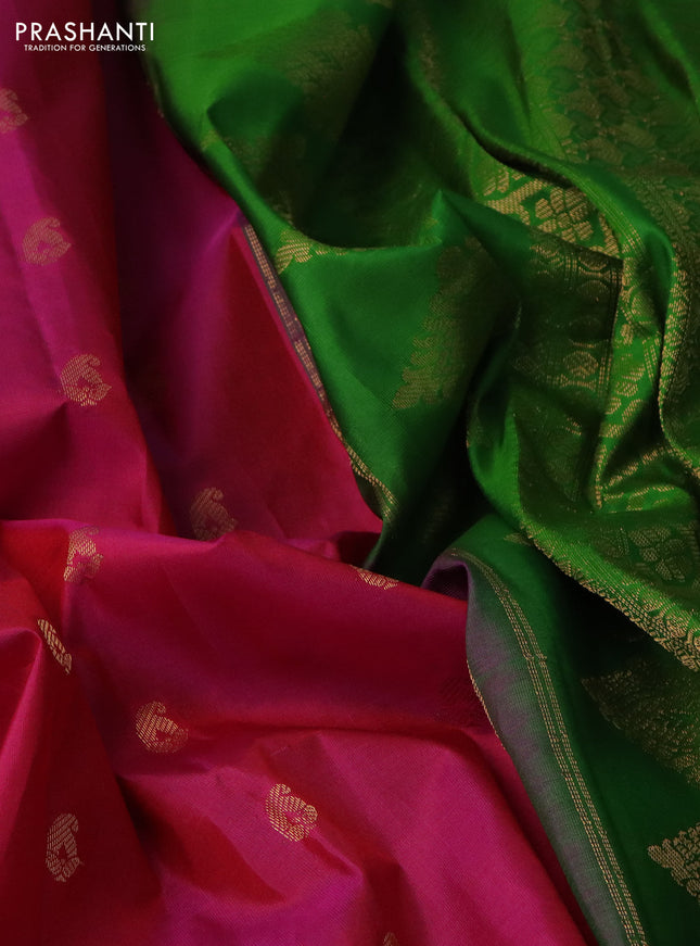 Pure gadwal silk saree pink and green with paisley zari woven buttas and temple design zari woven border