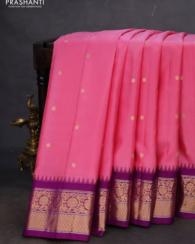 Pure gadwal silk saree peach pink and purple with zari woven buttas and temple design zari woven border