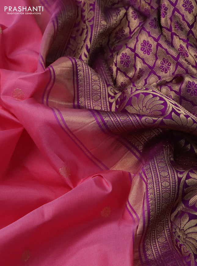 Pure gadwal silk saree peach pink and purple with zari woven buttas and temple design zari woven border
