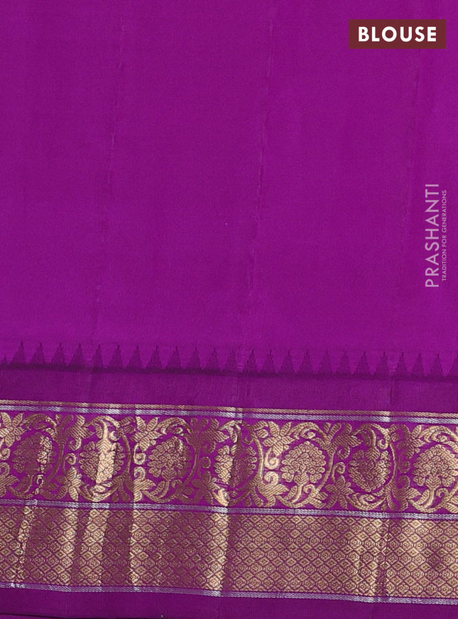 Pure gadwal silk saree peach pink and purple with zari woven buttas and temple design zari woven border