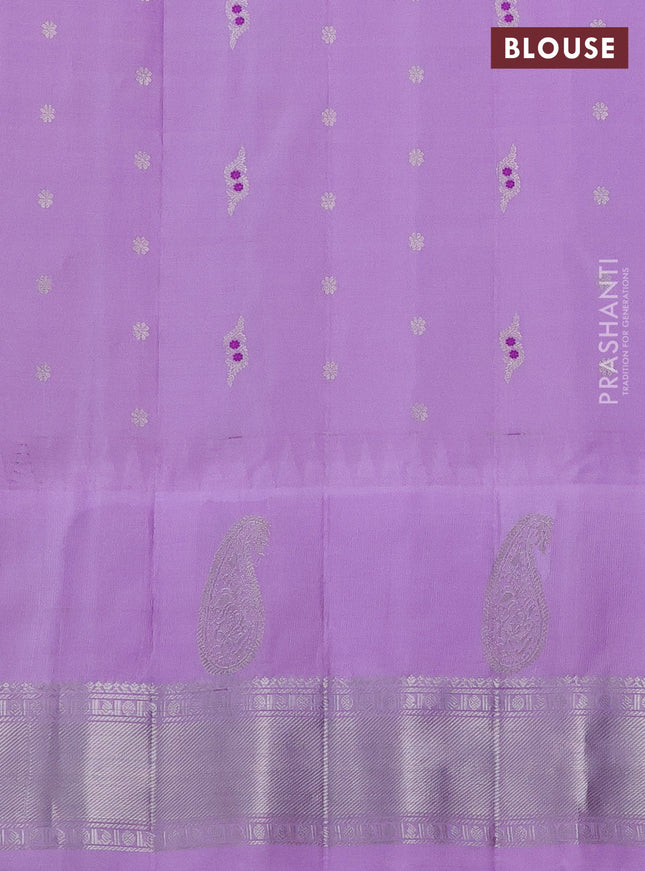 Pure gadwal silk saree light blue and lavender with allover silver zari woven buttas and long temple design silver zari woven border