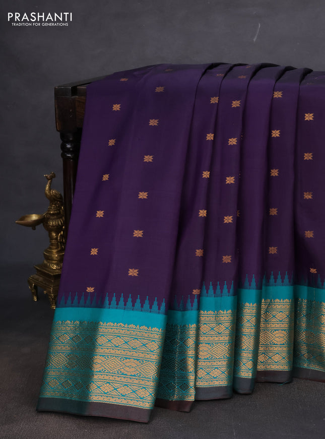 Pure gadwal silk saree violet and teal green with zari woven buttas and temple design zari woven border
