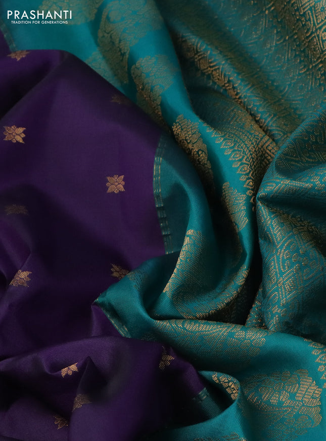 Pure gadwal silk saree violet and teal green with zari woven buttas and temple design zari woven border