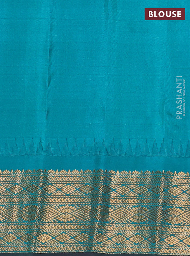 Pure gadwal silk saree violet and teal green with zari woven buttas and temple design zari woven border