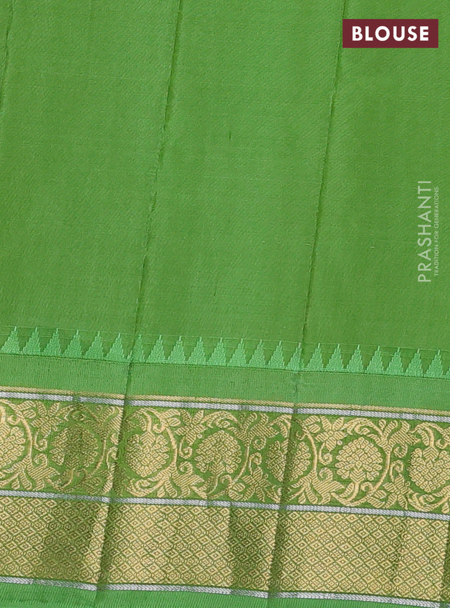 Pure gadwal silk saree grey and light green with zari woven buttas and temple design zari woven korvai border