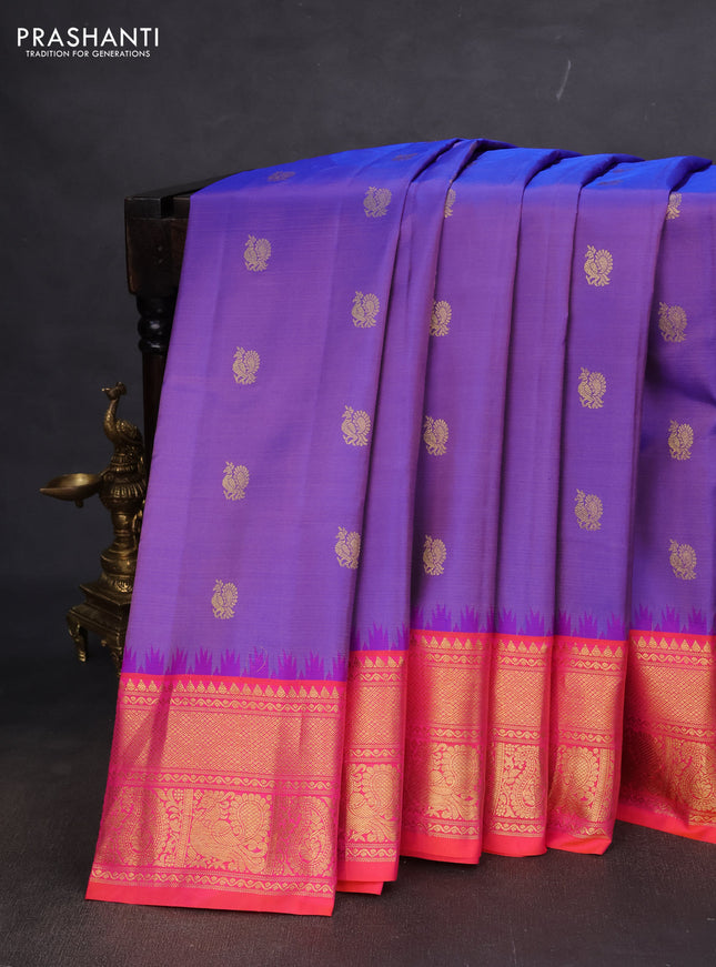 Pure gadwal silk saree lavender shade and dual shade of pinkish orange with annam zari woven buttas and temple design zari woven border