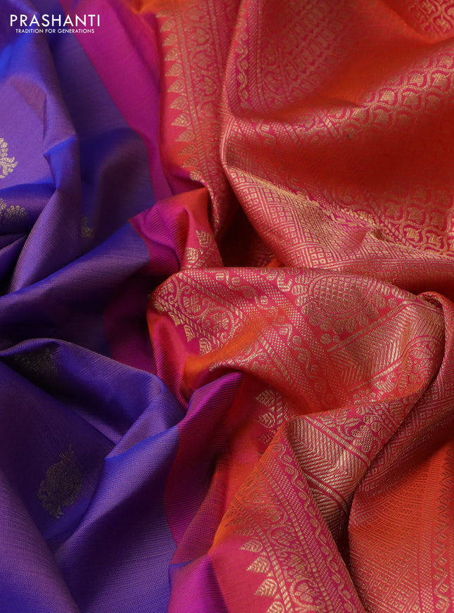 Pure gadwal silk saree lavender shade and dual shade of pinkish orange with annam zari woven buttas and temple design zari woven border