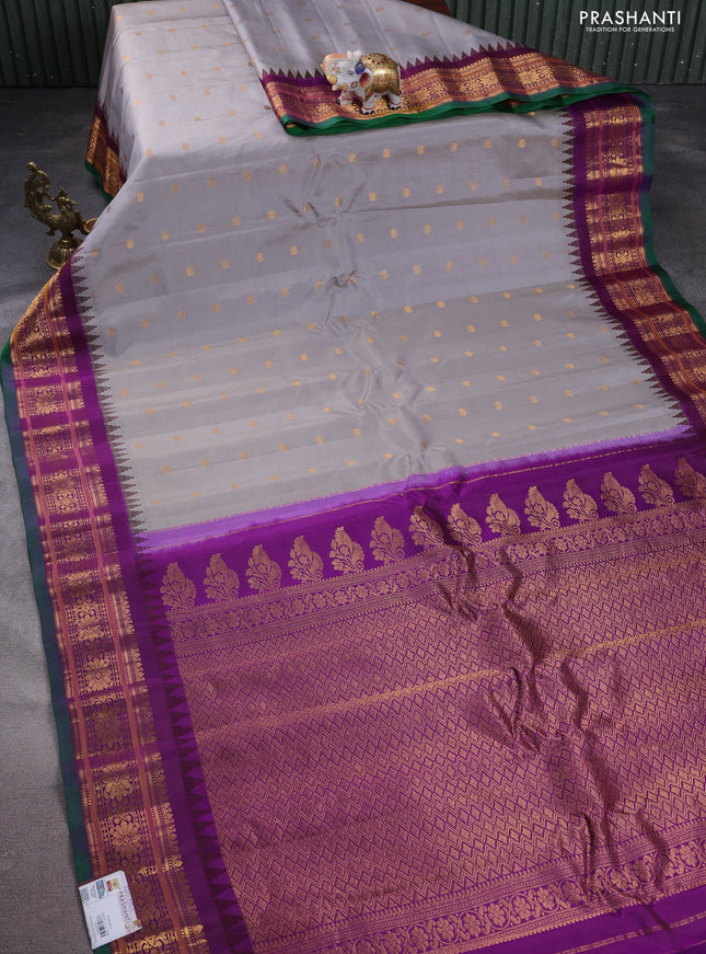 Pure gadwal silk saree grey and purple with zari woven floral buttas and temple design zari woven border