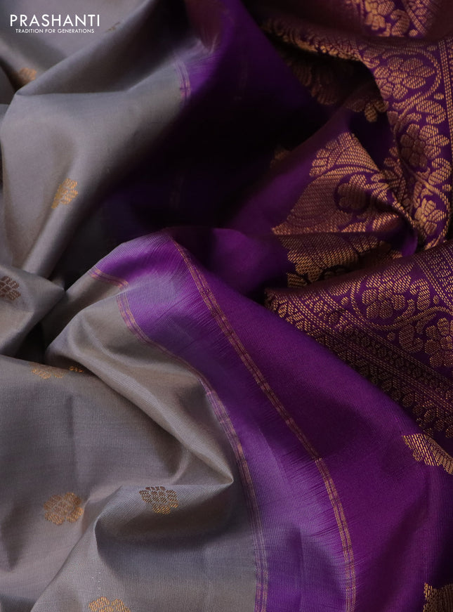 Pure gadwal silk saree grey and purple with zari woven floral buttas and temple design zari woven border