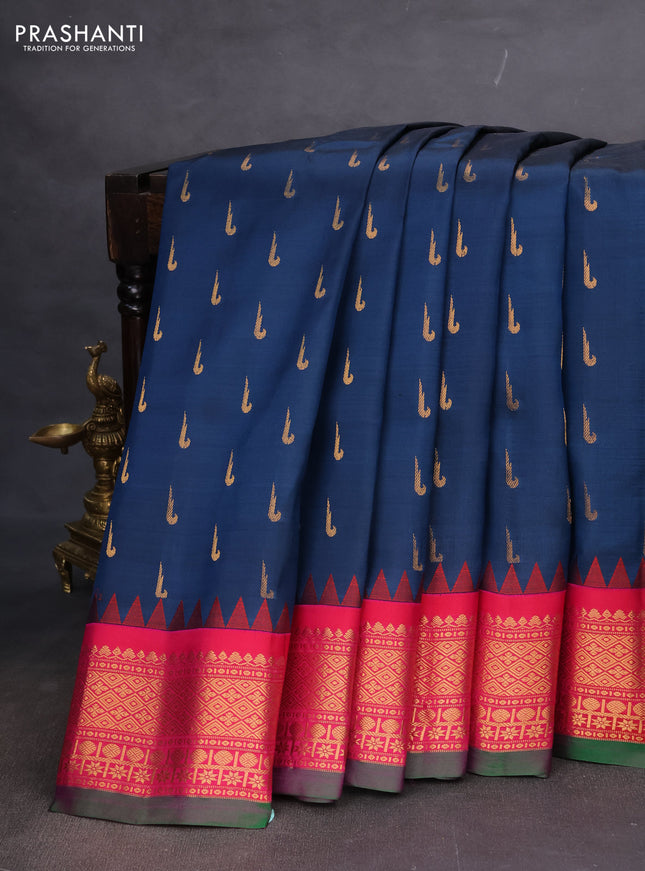 Pure gadwal silk saree peacock blue and pink with allover zari woven muniya buttas and temple design zari woven border