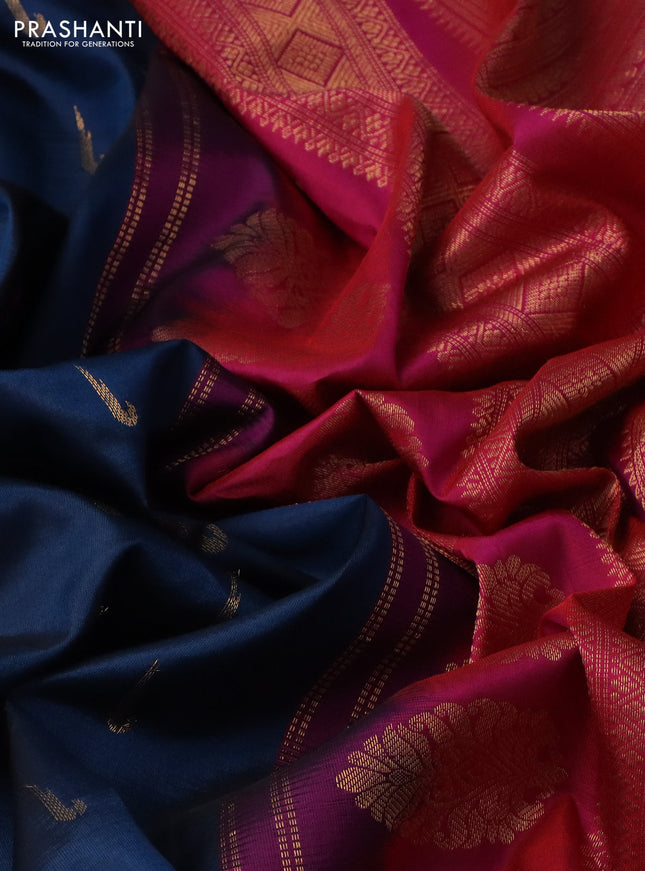 Pure gadwal silk saree peacock blue and pink with allover zari woven muniya buttas and temple design zari woven border