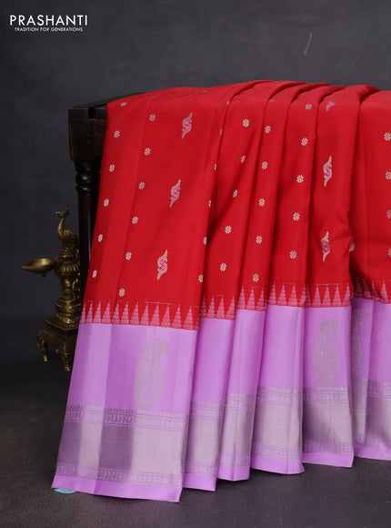 Pure gadwal silk saree red and lavender with silver zari woven buttas and temple design silver zari woven border
