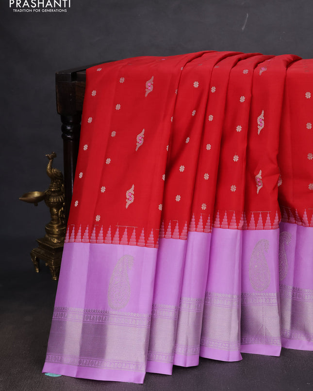 Pure gadwal silk saree red and lavender with silver zari woven buttas and temple design silver zari woven border