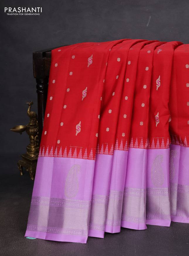 Pure gadwal silk saree red and lavender with silver zari woven buttas and temple design silver zari woven border