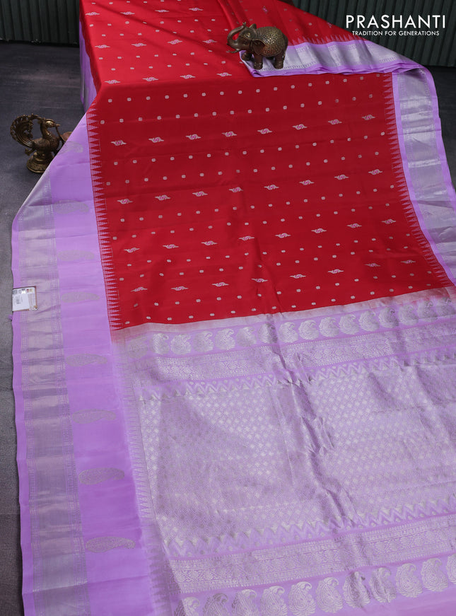 Pure gadwal silk saree red and lavender with silver zari woven buttas and temple design silver zari woven border