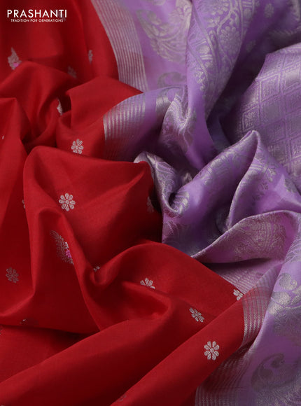 Pure gadwal silk saree red and lavender with silver zari woven buttas and temple design silver zari woven border