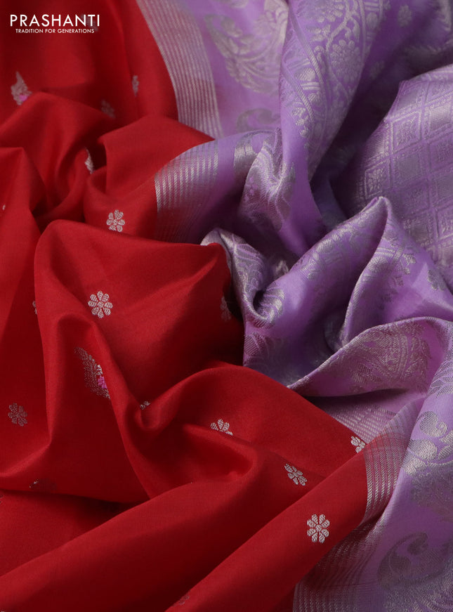 Pure gadwal silk saree red and lavender with silver zari woven buttas and temple design silver zari woven border