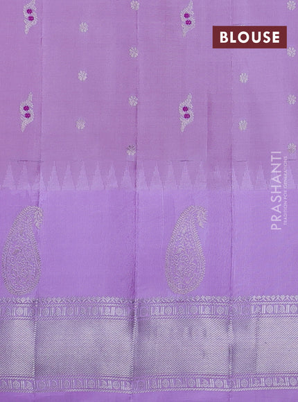 Pure gadwal silk saree red and lavender with silver zari woven buttas and temple design silver zari woven border