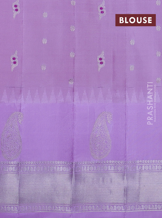 Pure gadwal silk saree red and lavender with silver zari woven buttas and temple design silver zari woven border