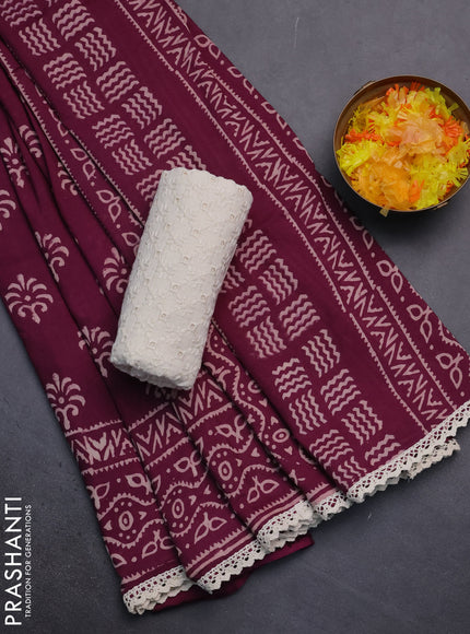 Semi pashmina silk saree wine shade and cream with allover butta prints and crocia lace work border