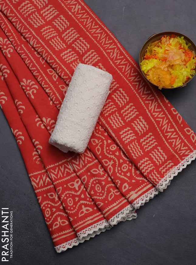 Semi pashmina silk saree red and cream with allover butta prints and crocia lace work border